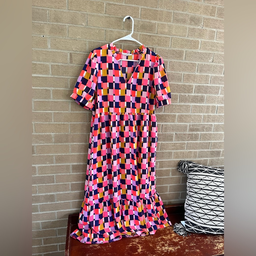 Colorblock Midi Dress in Pink and Navy - Women's V-Neck - Picture 3 of 5